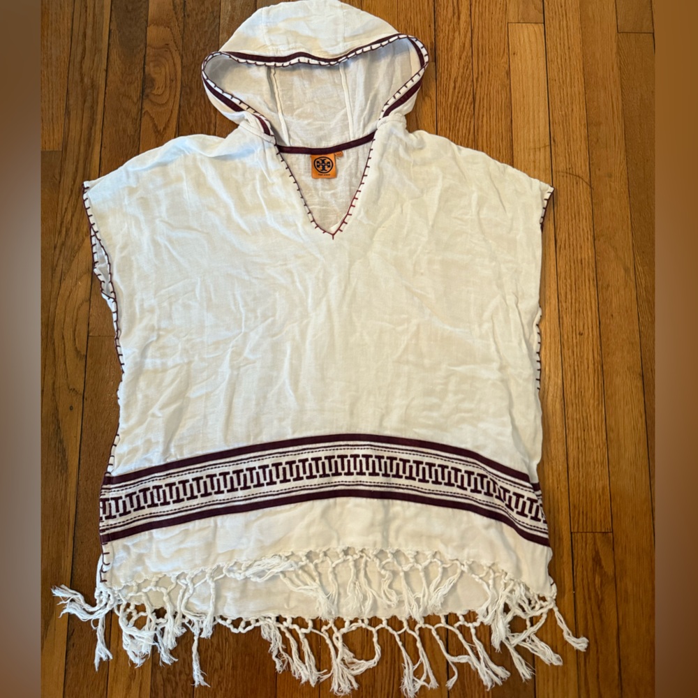 Tory Burch White Hooded Poncho Swimsuit Coverup with Maroon Accents